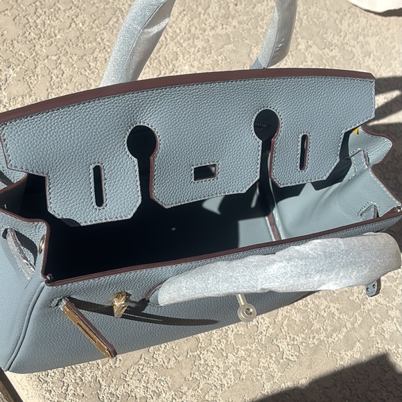 Light Blue Leather Handbag Satchel Gold Tone Hardware Double Handles NEW - Picture 10 of 13